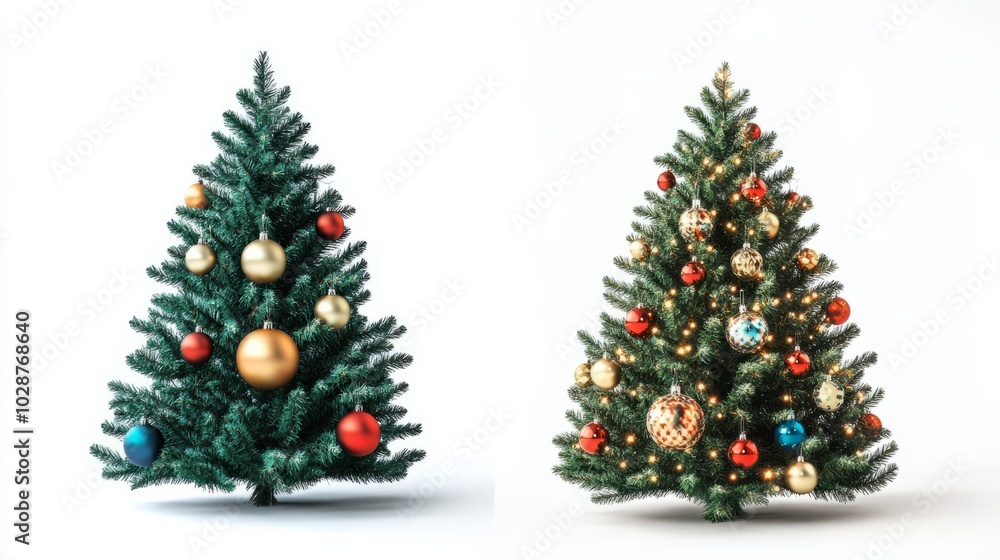 green and decorated christmas tree with against white background green and decorated christmas tree with against white background