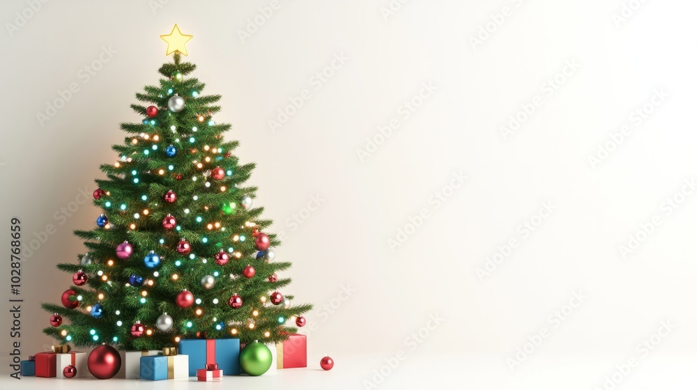green and decorated christmas tree with against white background green and decorated christmas tree with against white background