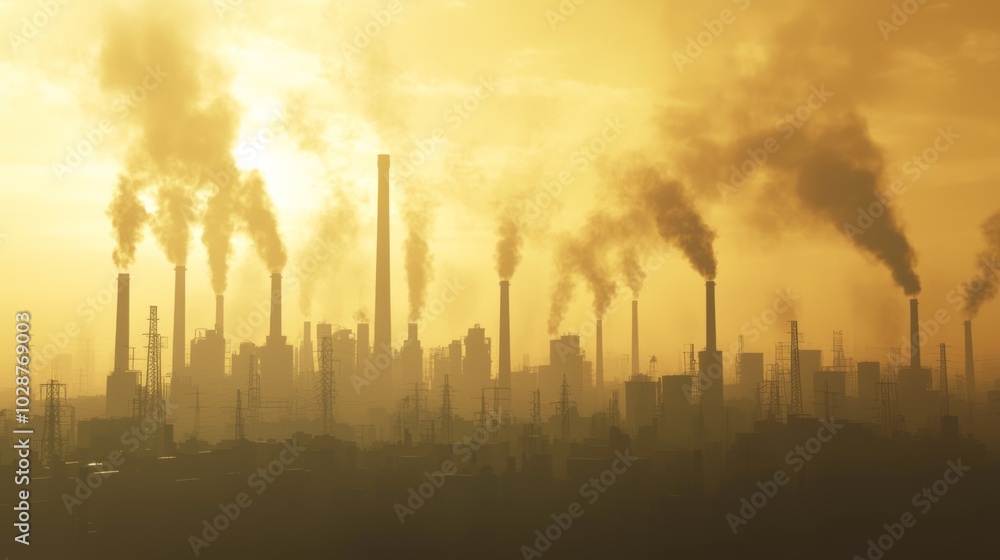 Industrial Pollution Blanketing Urban Skyline - Apocalyptic Cityscape with Thick Smog Veiling Buildings in Emissions Cloud, Gloomy and Polluted Atmosphere, Concerns for Environmental Impact, Air Industrial Pollution Blanketing Urban Skyline - Apocalyptic Cityscape with Thick Smog Veiling Buildings in Emissions Cloud, Gloomy and Polluted Atmosphere, Concerns for Environmental Impact, Air