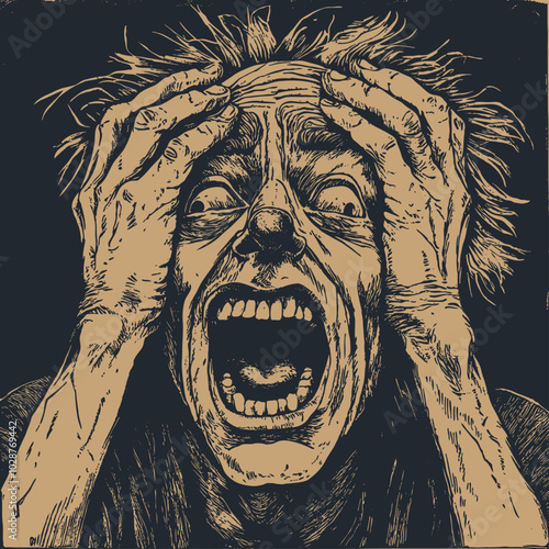 Crazy clown screaming in horror, retro engraving style, vector illustration