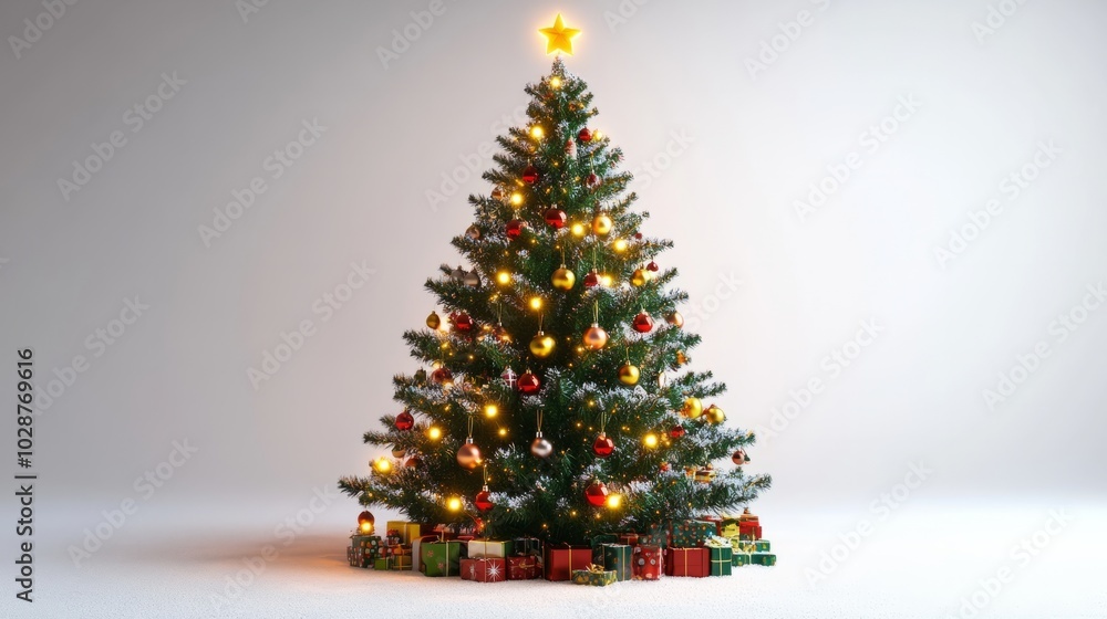 green and decorated christmas tree with gifts against white background green and decorated christmas tree with gifts against white background