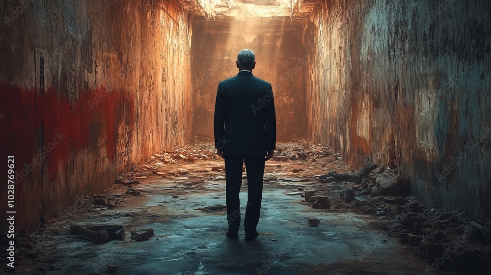 A man is walking down a dark, narrow hallway A man is walking down a dark, narrow hallway