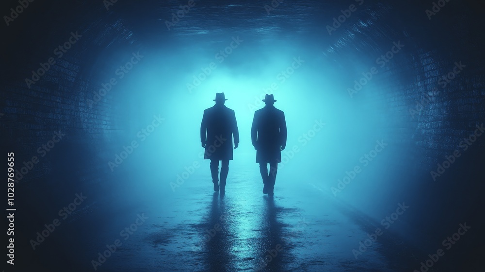 Two men walking in a tunnel with a blue sky above them Two men walking in a tunnel with a blue sky above them