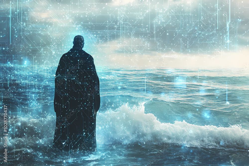 Obraz premium An abstract digital representation of Moses standing before the parted sea, surrounded by modern data connections