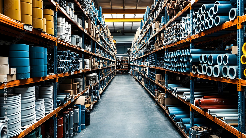 A warehouse filled with various pipes and industrial supplies. A warehouse filled with various pipes and industrial supplies.