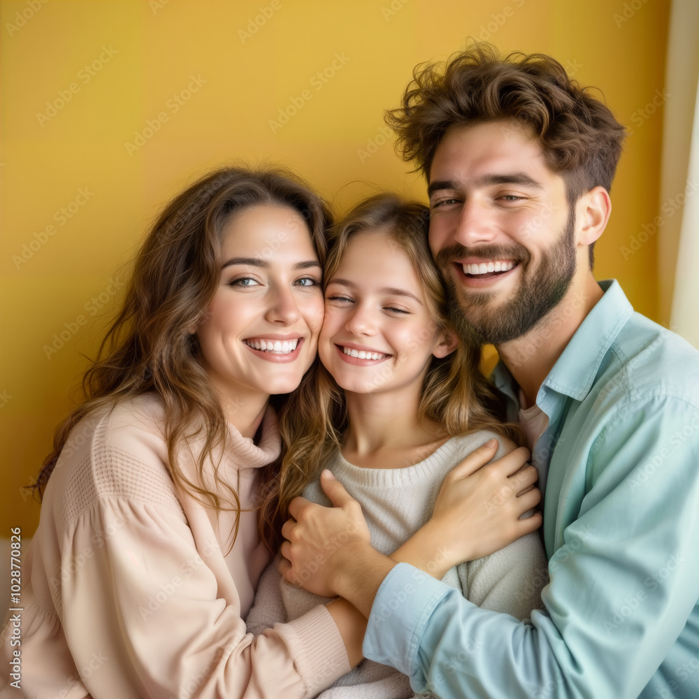 A joyful family of three embracing each other with bright smiles against a cheerful yellow background. Perfect for family-oriented projects, advertisements, and social media A joyful family of three embracing each other with bright smiles against a cheerful yellow background. Perfect for family-oriented projects, advertisements, and social media
