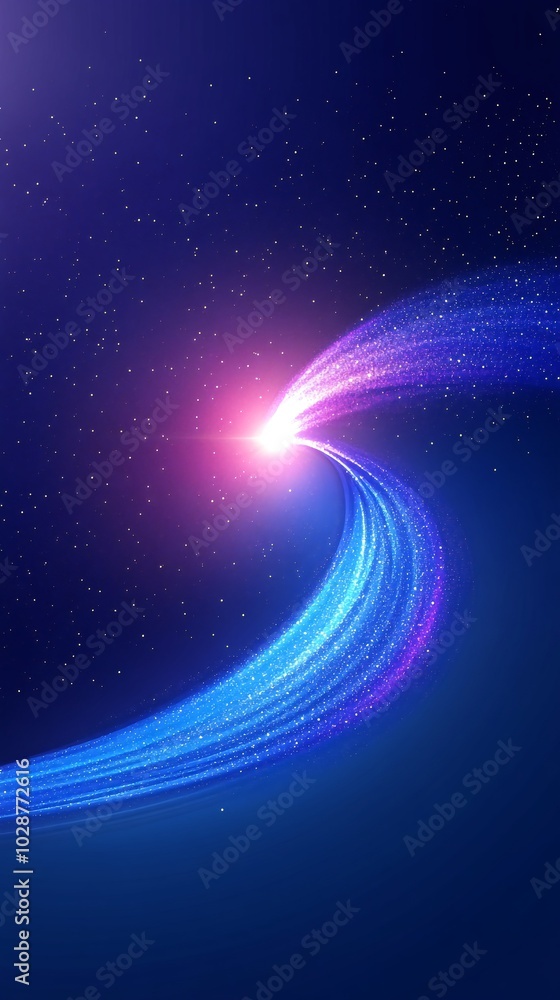 Abstract blue and pink light trail on a dark blue background with white stars. Abstract blue and pink light trail on a dark blue background with white stars.