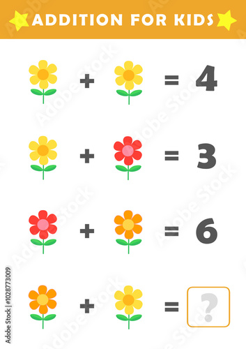 Fun Math Logic Puzzles for Kids. Math Game with Cute Flower Pictures. Math Activities for Children. Addition for Kids.