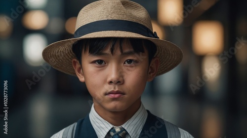 Young asian boy, around 10 years old, with short black hair, wearing tan hat, white collared shirt, and dark tie, looking directly at camera with serious expression photo