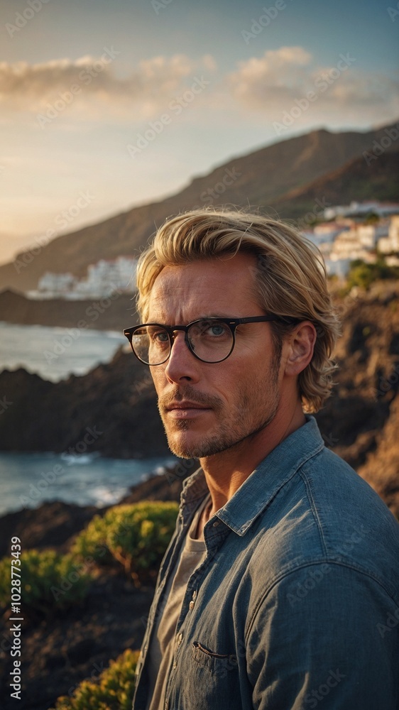 Middle-aged Caucasian man with short blonde hair and glasses, wearing blue shirt, standing in front of scenic coastal landscape with mountains and ocean in background Middle-aged Caucasian man with short blonde hair and glasses, wearing blue shirt, standing in front of scenic coastal landscape with mountains and ocean in background