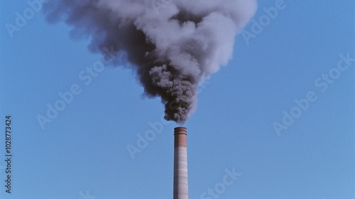 Striking Contrast of Industrial Progress and Environmental Degradation in a Close-Up of a Factory Smokestack Emitting Dark Smoke Against a Clear Blue Sky with Ultra-Detailed, Cinematic Light