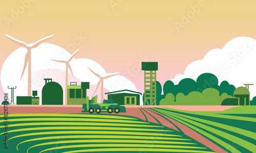 Agricultural landscape with rural fields, farm buildings