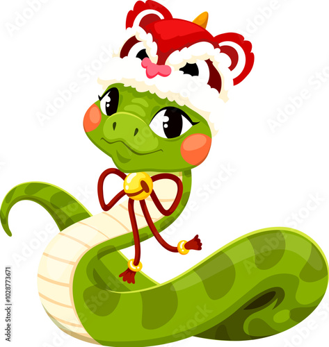 Cartoon green snake character in festive hat with traditional Chinese elements, evoking joy and prosperity. Isolated vector reptile, symbol of China lunar year 2025 capture spirit of Asian celebration