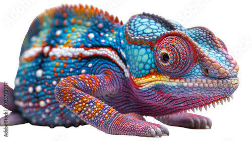 A vibrant colored chameleon cut out in PNG format, showcasing its stunning hues and intricate details. Perfect for adding a splash of color and character to digital designs, artwork, or creative