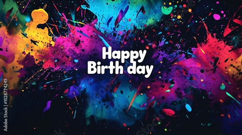 Colorful explosion of paint splatters with a joyful 'Happy Birthday' message in the center, perfect for birthday celebrations and festive occasions. photo