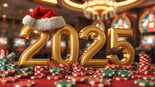 A Christmas casino-themed 3D render of gold "2025" numbers, one with a Santa hat, on a poker table surrounded by casino chips. Ideal for festive and holiday design projects