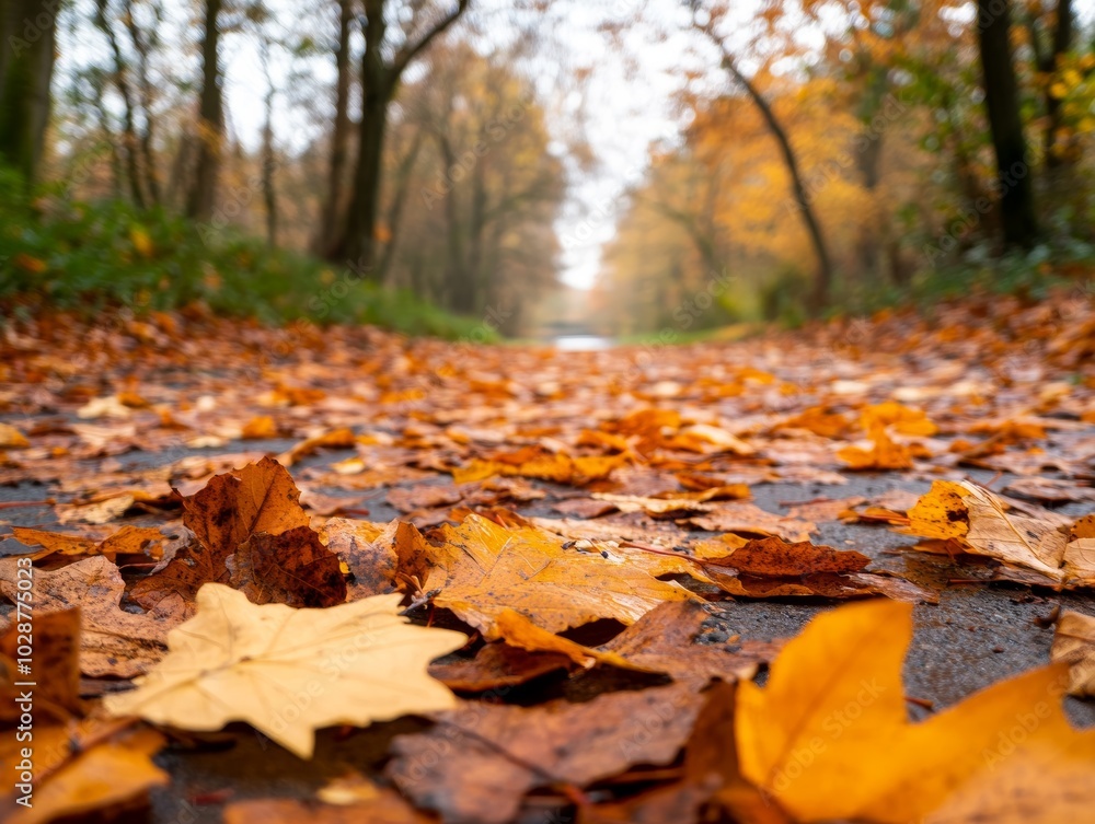 Vibrant Autumn Path with Orange Leaves in Riverside Vibrant Autumn Path with Orange Leaves in Riverside