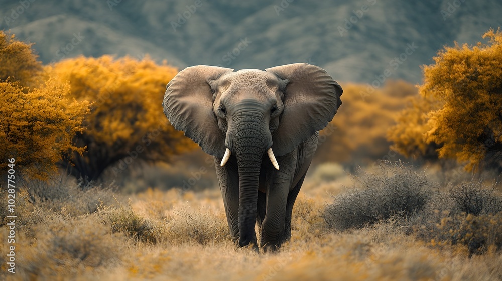 Fototapeta premium Saving Elephants: Wild Elephant in its Natural Environment A majestic elephant roaming in a savanna-like landscape surrounded by green trees and bushes.