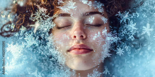 A woman's face is covered in snow, giving the impression of a winter scene