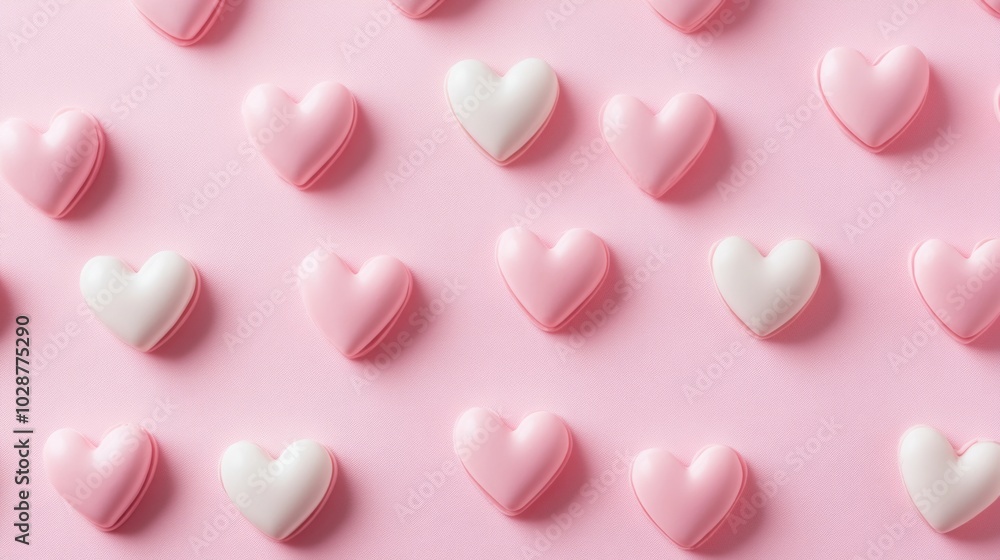 A pattern of pink and white heart-shaped objects on a pink background. A pattern of pink and white heart-shaped objects on a pink background.