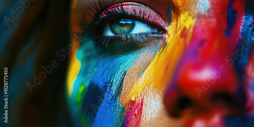 A woman's face is painted with a rainbow of colors