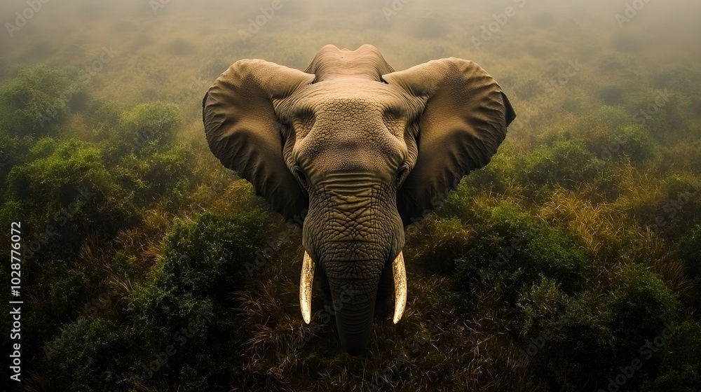 Fototapeta premium Saving Elephants: Wild Elephant in its Natural Environment A majestic elephant roaming in a savanna-like landscape surrounded by green trees and bushes.