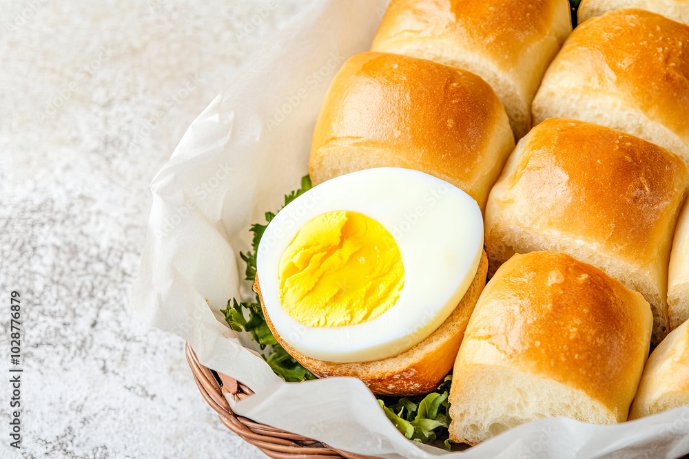 Fototapeta premium Soft bread rolls served with a boiled egg.