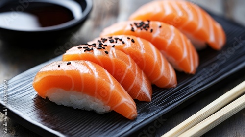 Elegant sashimi presentation, with fish slices neatly arranged and chopsticks resting beside soy sauce.