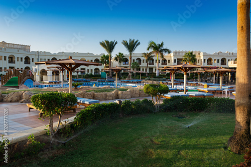 Swimming pool with palm trees at morning,  Egypt