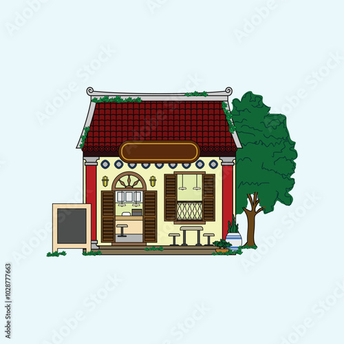 Hand drawn shop with colored traditional Chinese house style. Vector illustration design. Eps 10
