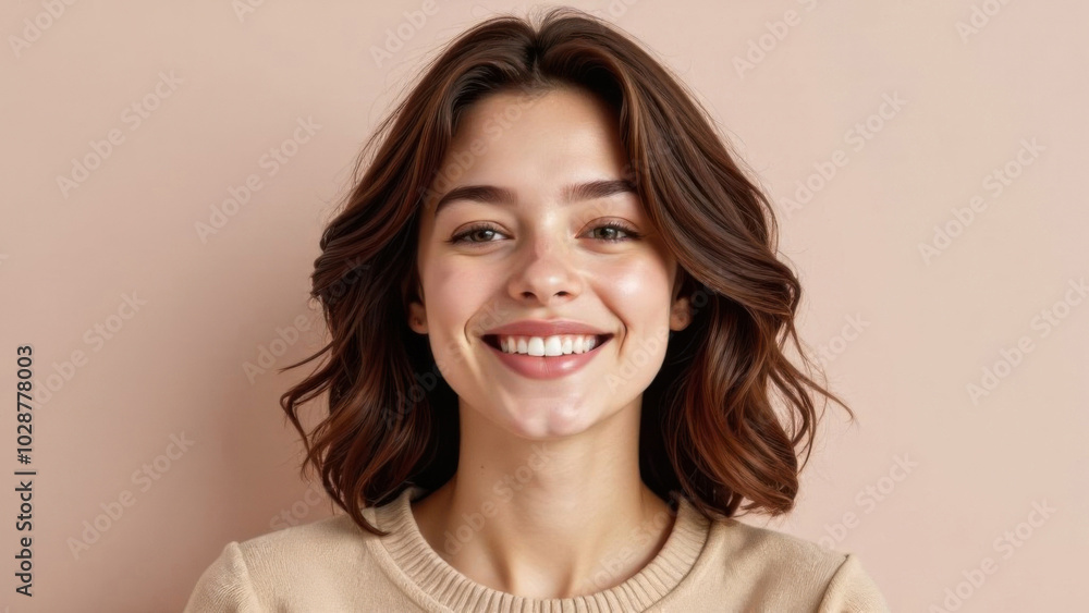 Beautiful woman smiling showing white teeth on pink background Beautiful woman smiling showing white teeth on pink background
