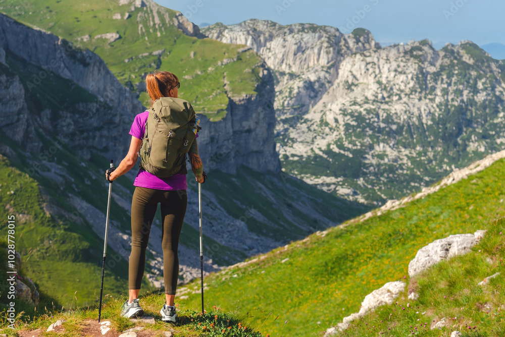 Female Tourist with Trekking Sticks Hiking in Mountains
