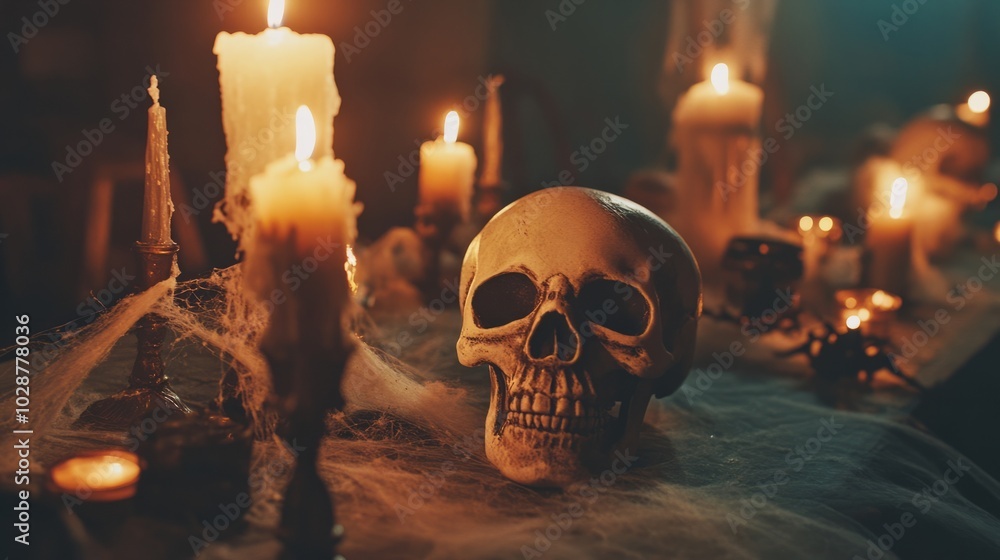 a scary sofa decorated with halloween skull and candle a scary sofa decorated with halloween skull and candle