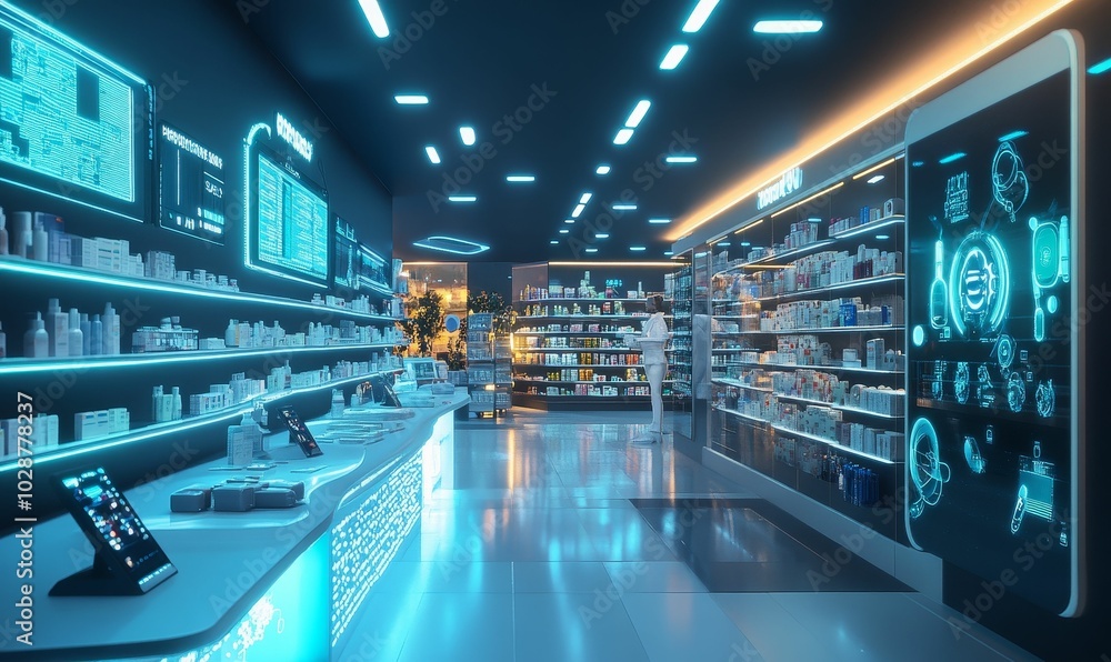 Futuristic pharmacy with glowing shelves and displays. Futuristic pharmacy with glowing shelves and displays.