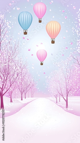 Four colorful hot air balloons float above a snowy landscape with pink blossom trees.