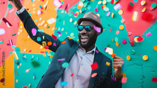 A celebrating businessman dance against the backdrop of falling confetti. Happy man jumping for joy with a festive atmosphere.