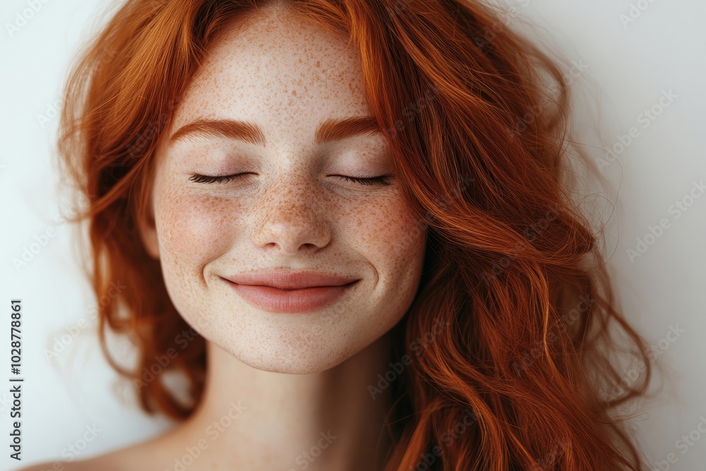 Happy woman with ginger hair and flawless skin smiling with her eyes closed, Generative AI Happy woman with ginger hair and flawless skin smiling with her eyes closed, Generative AI