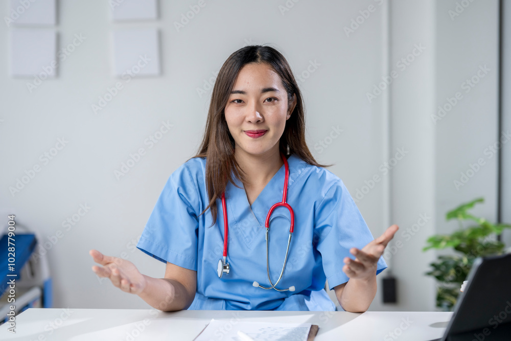 Smiling asian female doctor greeting patient during online consultation Smiling asian female doctor greeting patient during online consultation