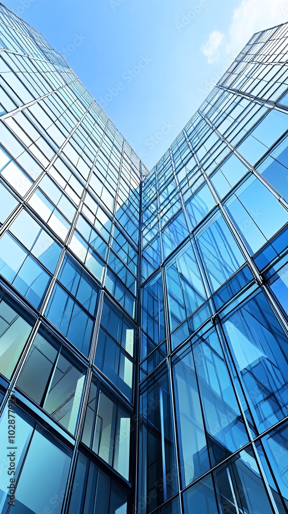 Obraz premium Low angle view of a modern glass skyscraper with a blue sky background.