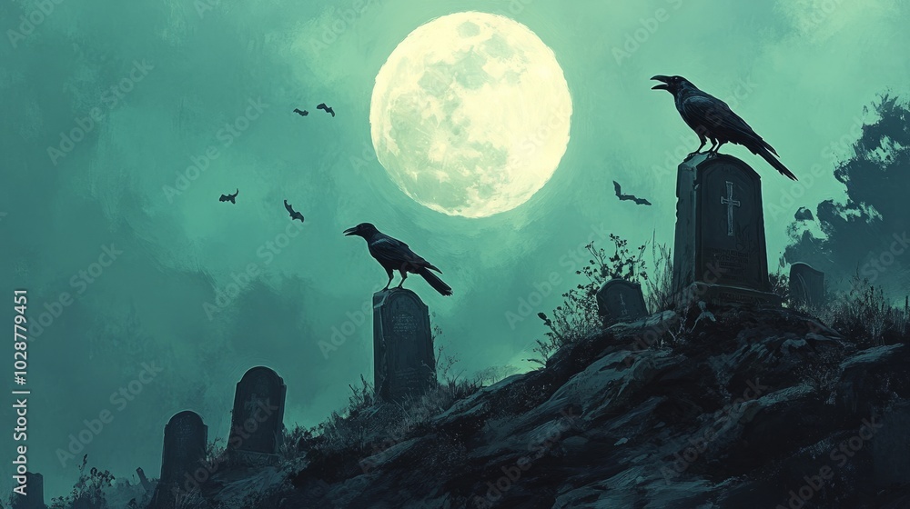 Fototapeta premium halloween night scene with graveyard and crow