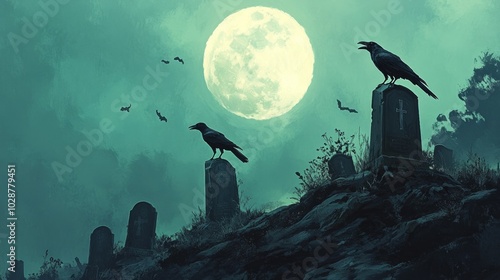 halloween night scene with graveyard and crow