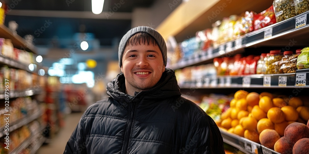 Happy shopkeeper with Down syndrome standing in a grocery store, Generative AI Happy shopkeeper with Down syndrome standing in a grocery store, Generative AI
