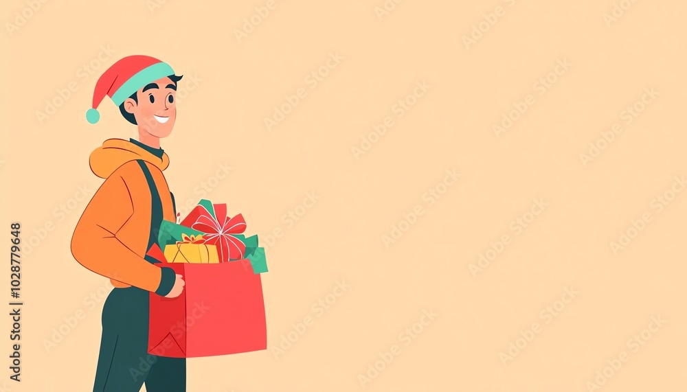Naklejka premium A cheerful person in a Santa hat holding a gift bag filled with presents. Festive holiday spirit and gift-giving during the Christmas season.