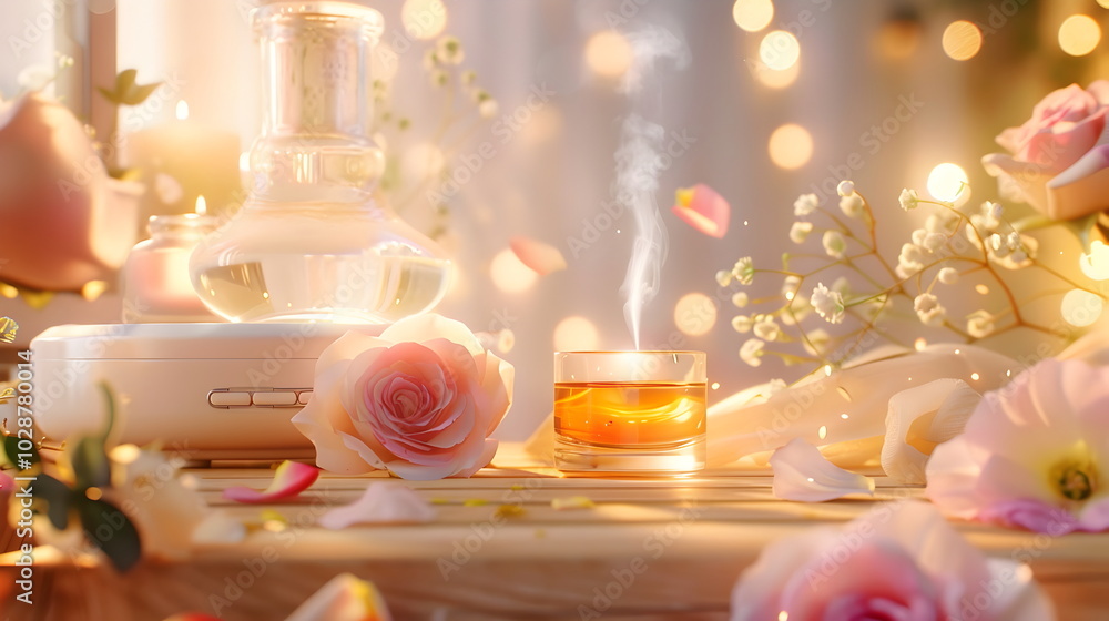 Aromatherapy Harmony: A serene and elegant composition featuring a diffuser, essential oil, candle, and delicate flowers, bathed in warm, golden light. The scene evokes a sense of tranquility. Aromatherapy Harmony: A serene and elegant composition featuring a diffuser, essential oil, candle, and delicate flowers, bathed in warm, golden light. The scene evokes a sense of tranquility.