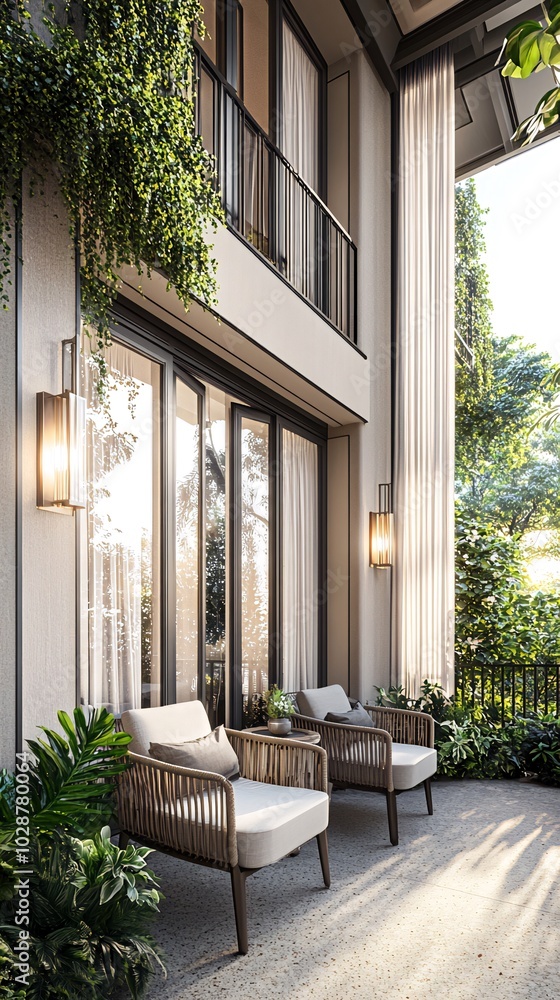 Modern patio with two chairs, plants, and natural light. Modern patio with two chairs, plants, and natural light.