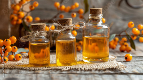 Illustration of glass bottles filled with golden yellow sea buckthorn oil, each with cork stoppers and tied with twine, background with a branch with bright orange sea buckthorn berries. photo