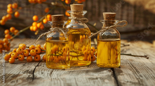 Illustration of glass bottles filled with golden yellow sea buckthorn oil, each with cork stoppers and tied with twine, background with a branch with bright orange sea buckthorn berries. photo