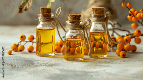 Illustration of glass bottles filled with golden yellow sea buckthorn oil, each with cork stoppers and tied with twine, background with a branch with bright orange sea buckthorn berries. photo