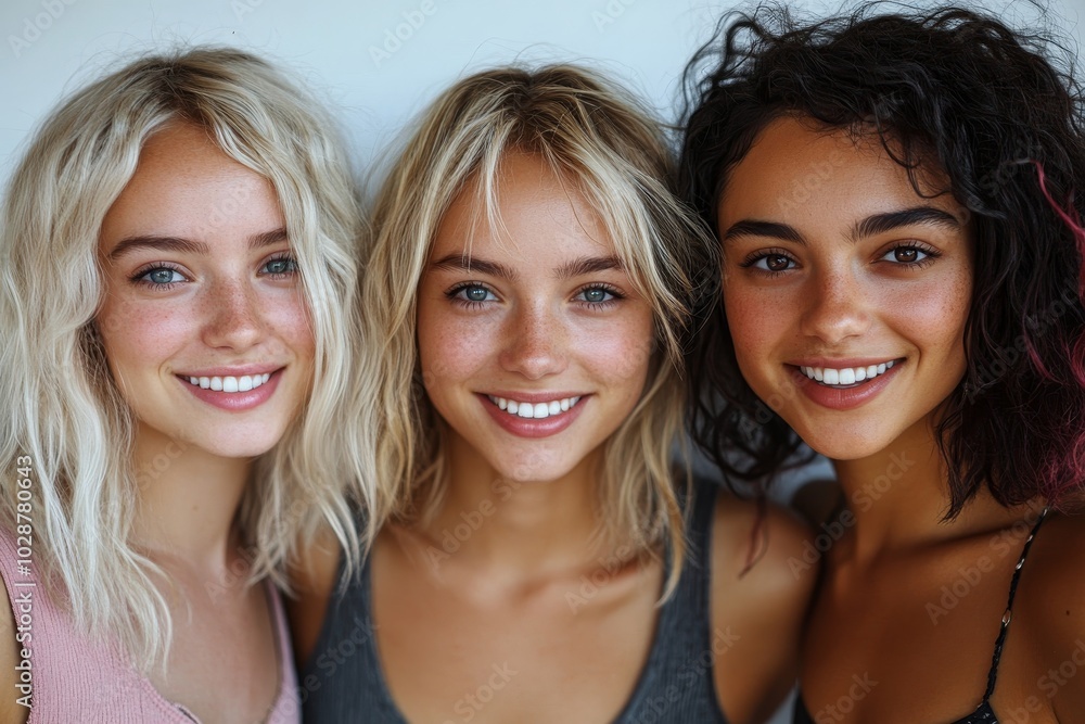 Portrait of happy female friends smiling at the camera in a studio, Generative AI Portrait of happy female friends smiling at the camera in a studio, Generative AI