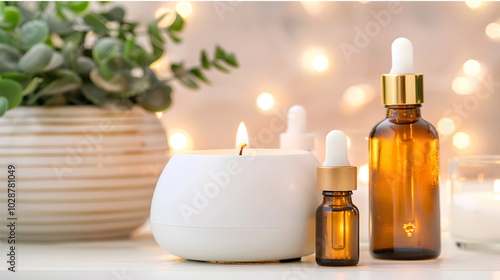 Serene Aromatherapy: Aromatic diffuser with essential oil bottles and candles creates a relaxing and tranquil atmosphere. Perfect for spa, wellness, and self-care themes. 